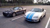 <b>117 Years of Transportation - 2017 Fiat 124 Spider: </b> A co-worker has had this Fiat 124 Spider for several months now and this is its normal parking spot, but this morning she was early enough, and I was early enough and we both had our tops up, so that I could get an uncluttered photograph of the 2 of our cars. (7/24/17)