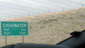 <b>Chugwater, WY - </b>Stopped in this small town to grab a goecache. Most of all the small towns we would encounter out here had both their elevation and population listed on the "Welcome To" sign. (04/11/09) Chugwater, WY