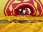 <b>Launch 4 - </b>I was supposed to be attaching velcro flaps to close the top of the balloon when I suck my head in and snapped this (I was in a hurry which is why it is blurry.) (09/09/07) Launch 4