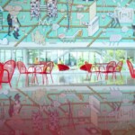 <b>Evolving City Wall - </b>by Pedro Reyes. Inside the Pavilion of the Olympic Sculpture Garden. Half the mural reflected in a glass table top. (05/27/07) Evolving City Wall