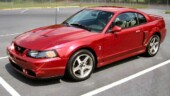 <b>Domestic - </b>There have been plenty of sports cars posted here; maybe a Miata picture or two, even a shot of a Boxster recently, but those are foreign cars. This is an All-American brute of a sports car, the 2003 Ford Mustang Cobra with 390HP of super-charged V-8 muscle in bright red. Can you say demonic domestic delivery device? (09/17/2004) OLYMPUS DIGITAL CAMERA
