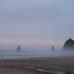 <b>Haystack And Needles 3 - </b>A foggy dawn look at Haystack Rock. (10/02/06) Haystack And Needles 3
