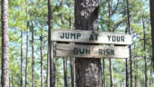 <b>Jump At Your Own Risk - </b>Posted at the entrance to Crawford Fences where the kindly caretakers have placed stacks of large logs at intervals in a clearing for the horse riders to jump over. (03/09/08) Jump At Your Own Risk
