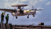 <b>Sound - </b>On an aircraft carrier full of fighter and attack jets the sound of the turbo-propped E2C Hawkeye coming in for a trap is very different. Sound