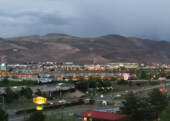 <b>Wet Day</b> - It rained practically the whole 394 miles of I-80
in Nevada from West Wendover to Sparks, so zero geocaches today, zero Instagram posts and one crummy cell phone picture out the rain smeared 8th floor window of our room at the Holiday Inn. (05/12/2018)